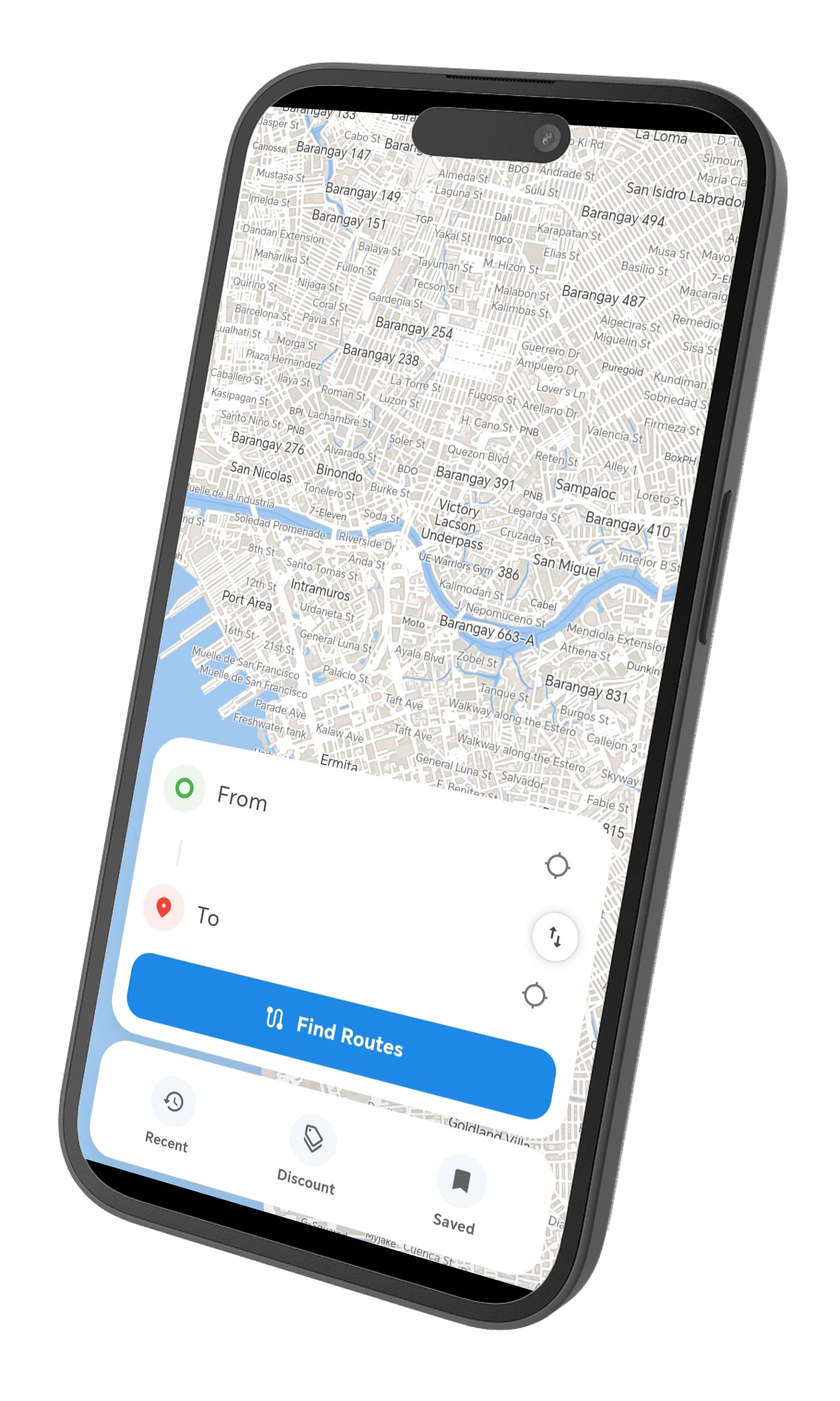 DaanPH home screen with offline map and search interface
